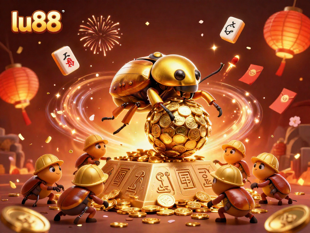 Experience thrilling action at lu88 with golden beetles and dynamic casino symbols in a festive setting.
