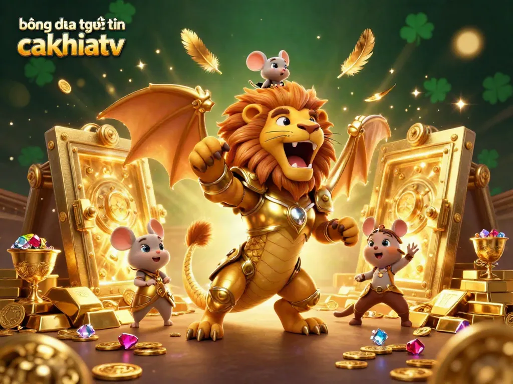 Bóng đá trực tuyến cakhiatv showcases an energetic scene with a chimera and mouse jockey amidst gold and gems, embodying casino excitement.
