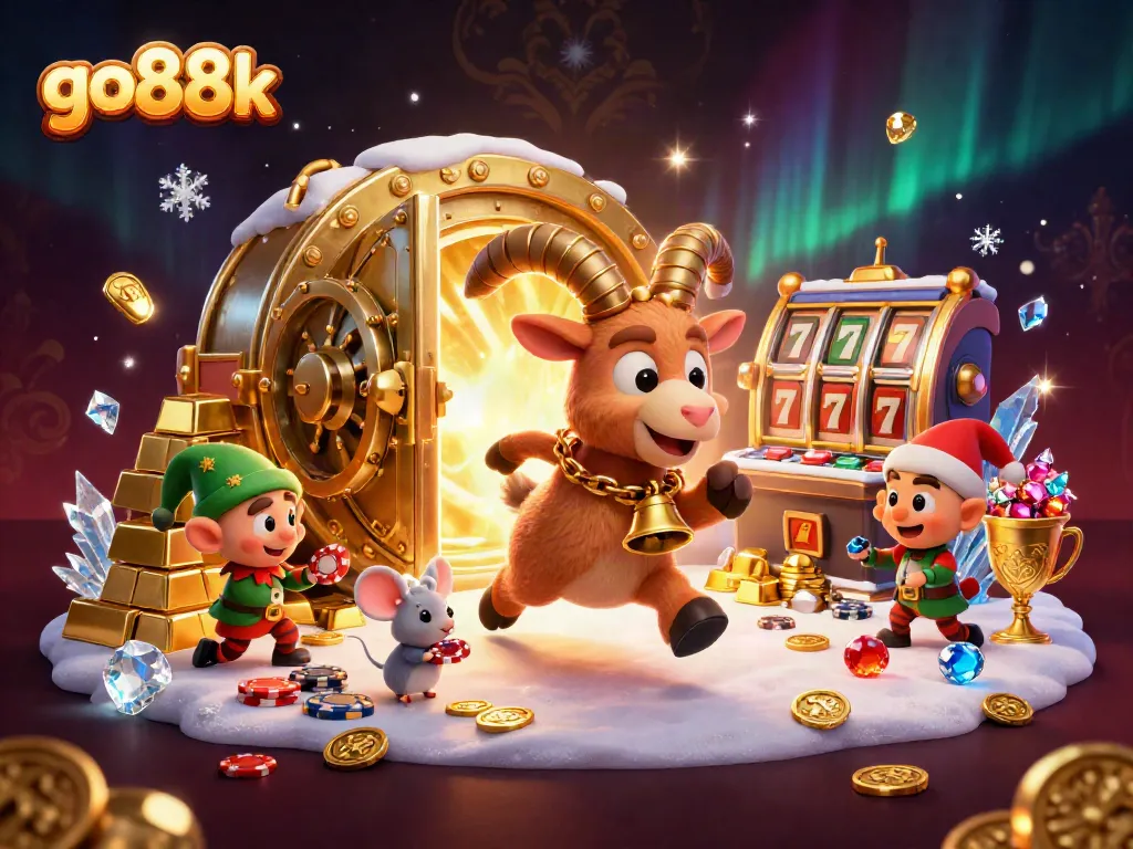 Engage with go88k’s festive casino scene featuring a Krampus goat amidst slot reels and golden treasures.