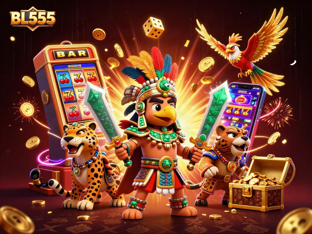 Engage in epic casino adventures at BL555 with vibrant jackpot scenes and dynamic game elements.