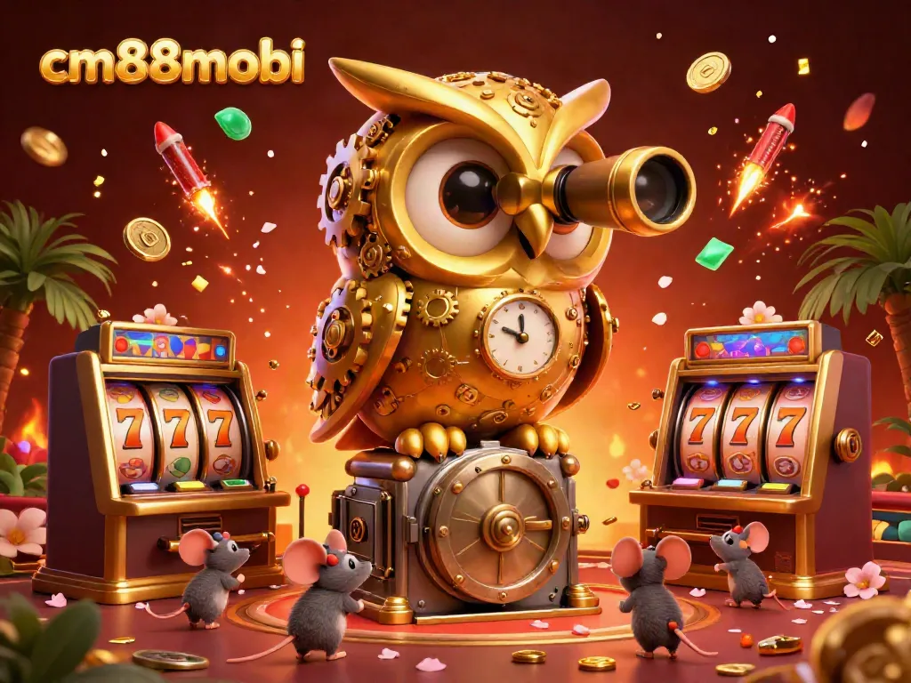 Experience slot excitement at cm88mobi with a whimsical golden owl overseeing a vibrant casino floor.