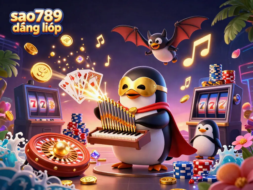Engage in exciting gaming with sao789 đăng nhập as the lively penguin character enriches a vibrant casino scene.