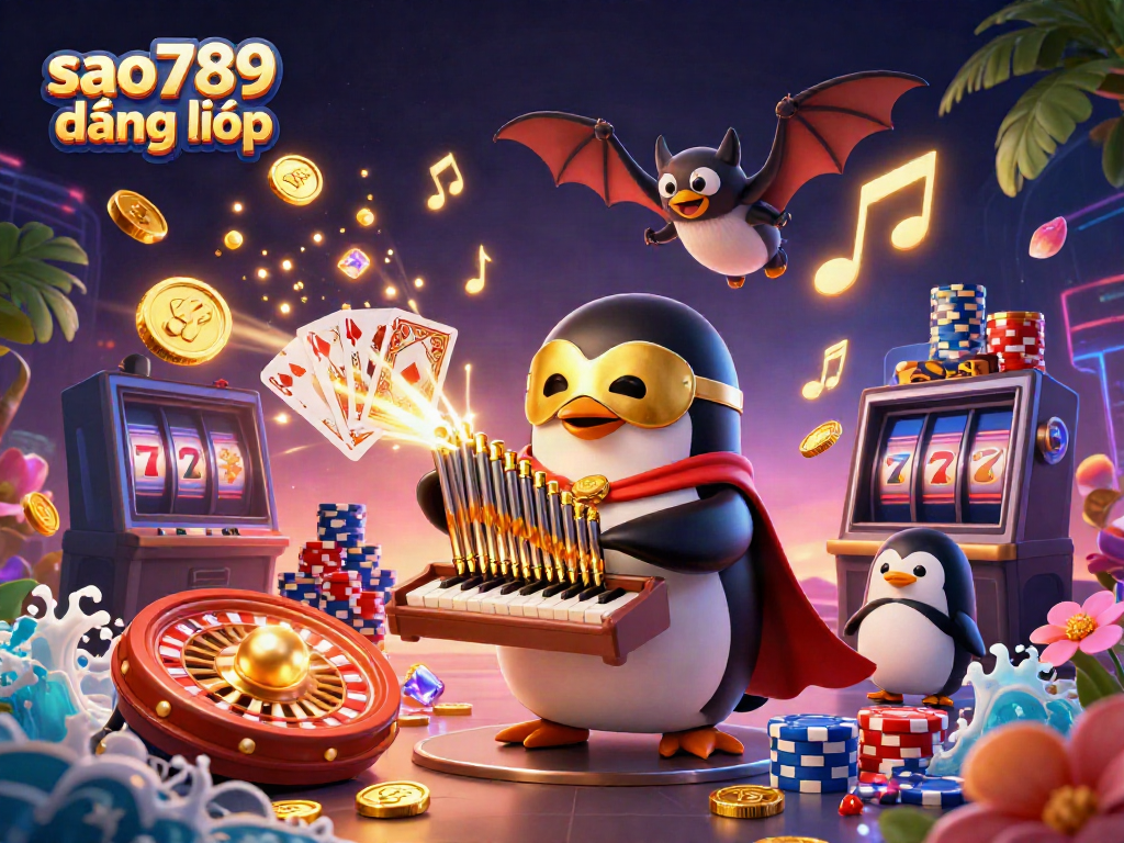 Engage in exciting gaming with sao789 đăng nhập as the lively penguin character enriches a vibrant casino scene.