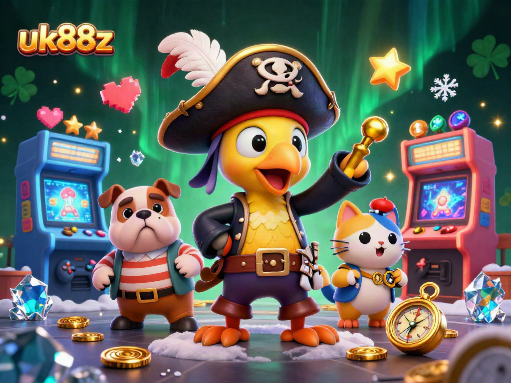 Join the excitement at uk88z with a vibrant scene featuring a pirate captain and a first-mate bulldog navigating a 3D gaming world.