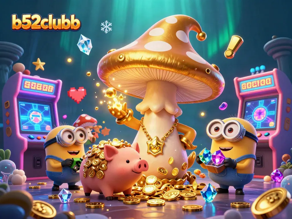 Play exciting games at b52clubb featuring a golden mushroom wizard amidst colorful casino elements.