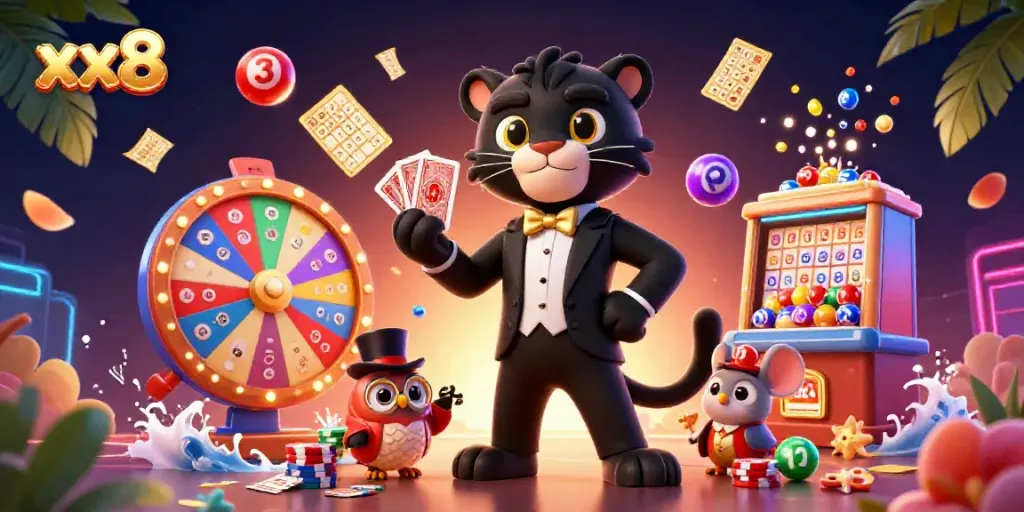 Experience a vibrant casino scene featuring the stylish xx8 black panther card dealer with poker chips and colorful lottery balls.