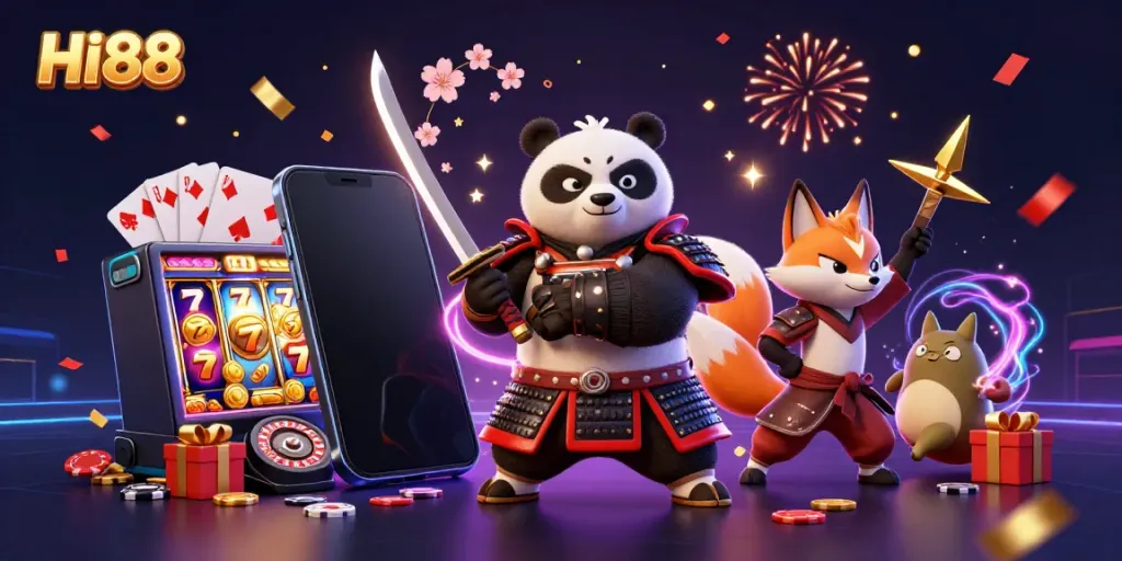 Experience the excitement of HI88 with a fierce samurai panda and ninja fox amidst vibrant casino elements.