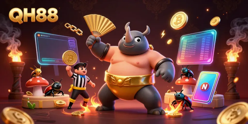 Experience thrilling gameplay at QH88 with a sumo champion beetle celebrating and golden coins flying around.