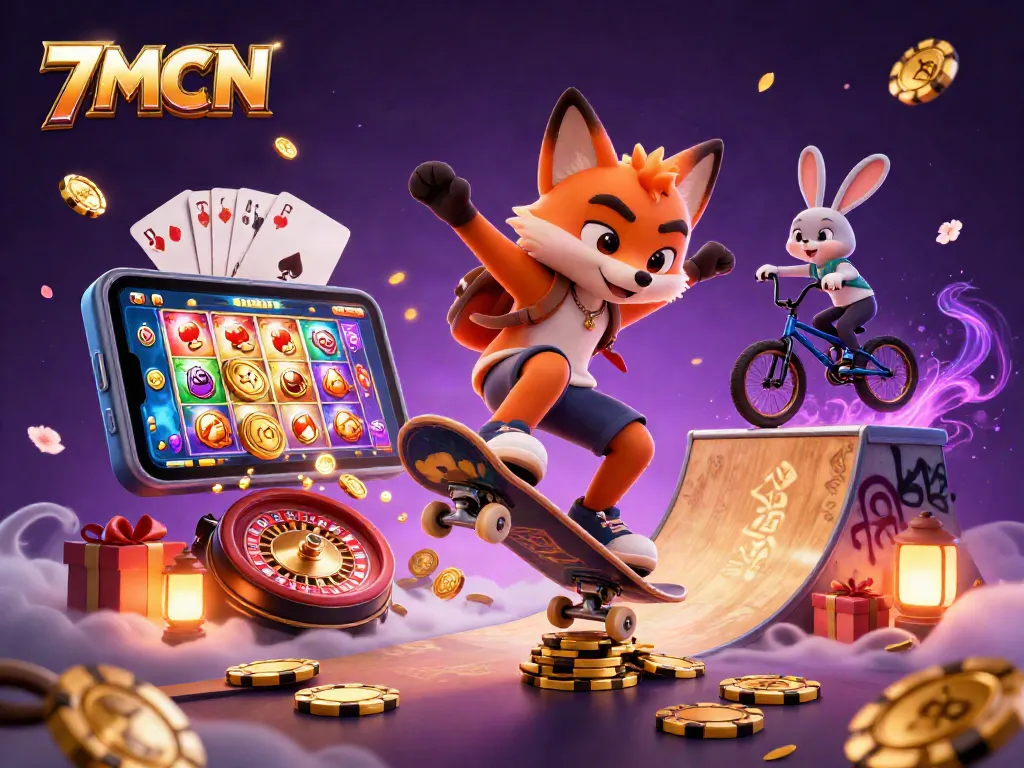 Engage with thrilling betting experiences at 7MCN, featuring vibrant casino symbols and dynamic characters creating excitement.