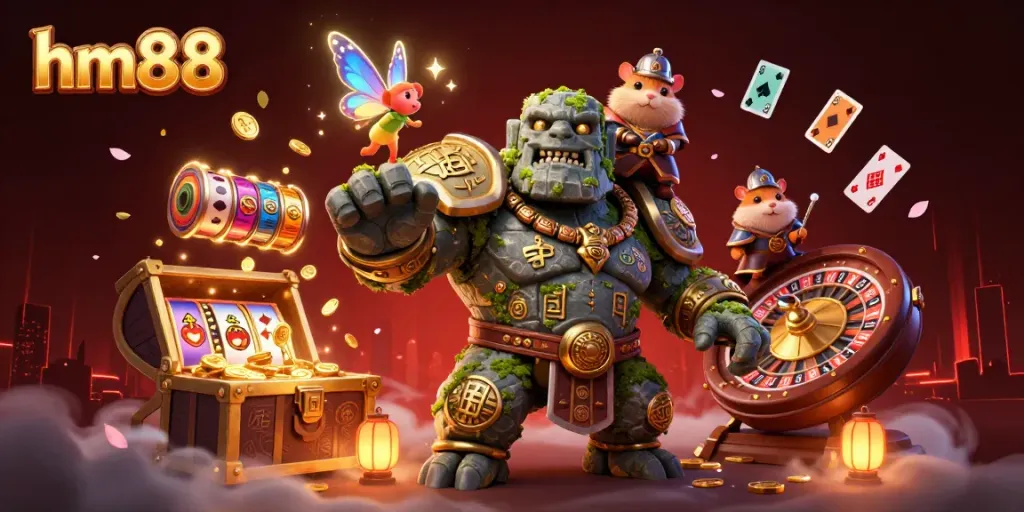 Engage with vibrant gameplay at hm88, featuring an ancient guardian golem surrounded by slot reels and magical elements.