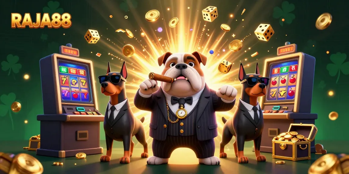 Experience thrilling gameplay at RAJA88 with slot machines, a mafia boss cartoon character, and casino excitement.