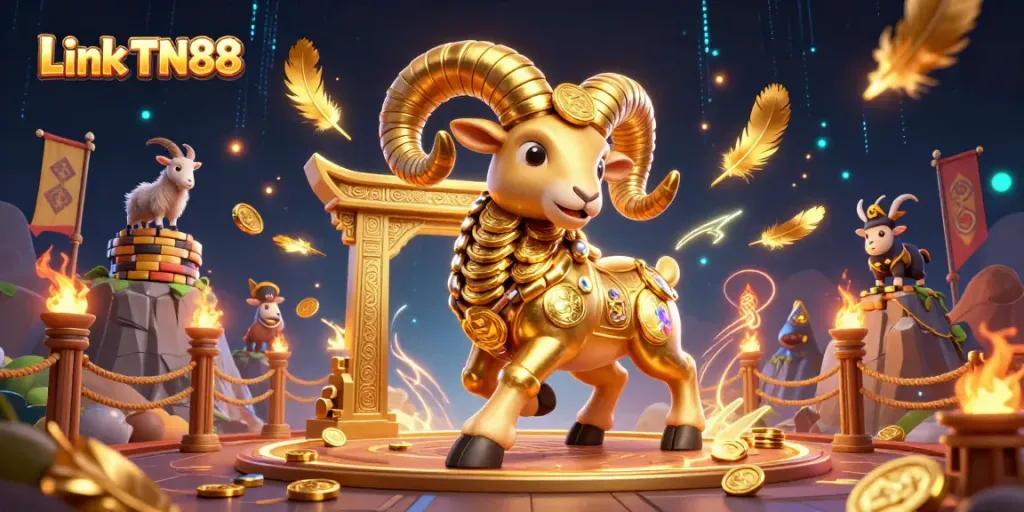Experience the thrill of Link TN88 with a charging golden ram amidst vibrant casino elements.