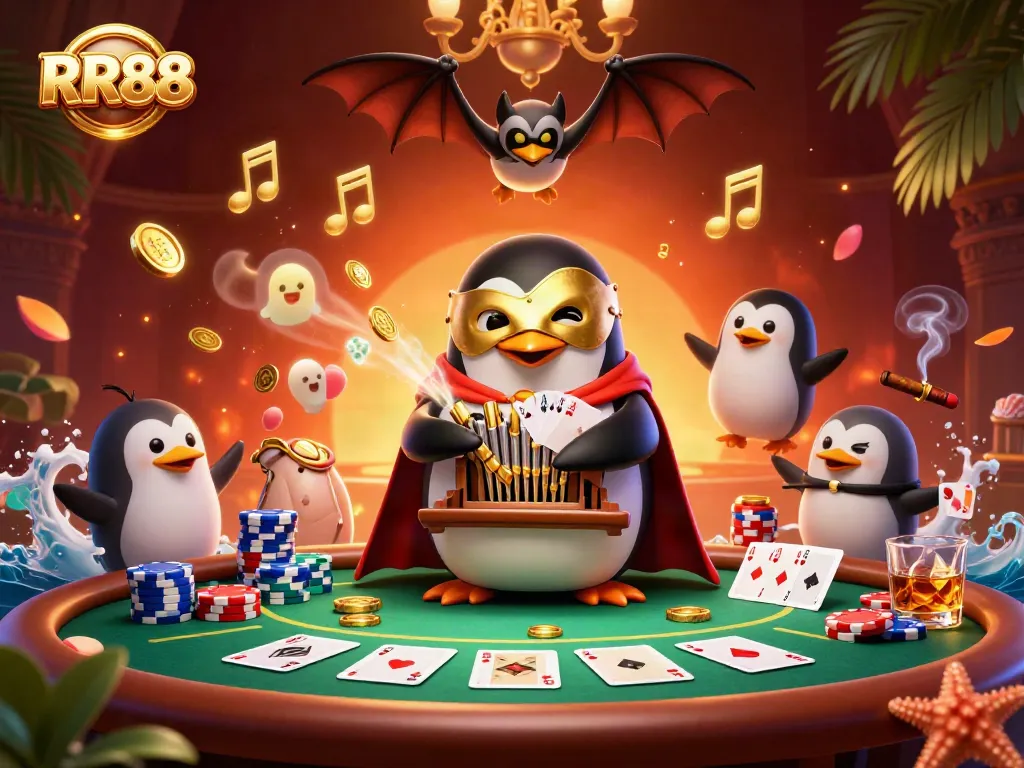 RR88 showcases a vibrant 3D casino scene where a penguin plays an organ shooting gold coins, surrounded by dynamic poker elements.
