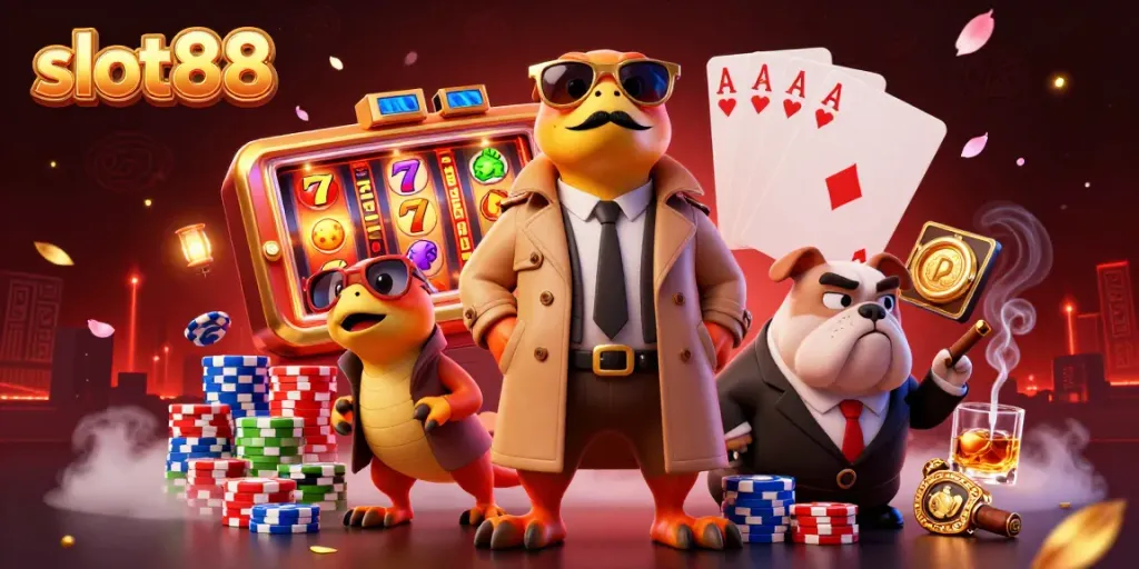 Slot88 memunculkan tiga raptor dalam jas mencoba memasuki lounge kasino VIP, dikelilingi simbol permainan slot.