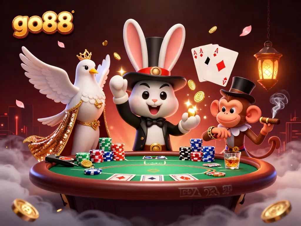 Experience the excitement of go88 with a magician rabbit pulling coins, vibrant poker elements, and dynamic characters.