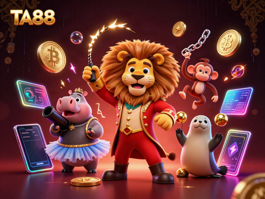 Experience thrilling action at TA88 with playful casino characters surrounded by crypto coins.