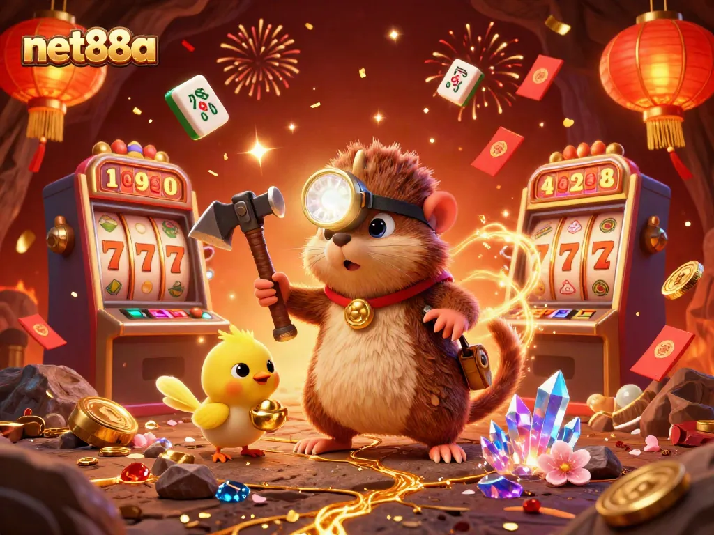 Experience big wins at net88a with vibrant slot machines in this dynamic 3D digital illustration.