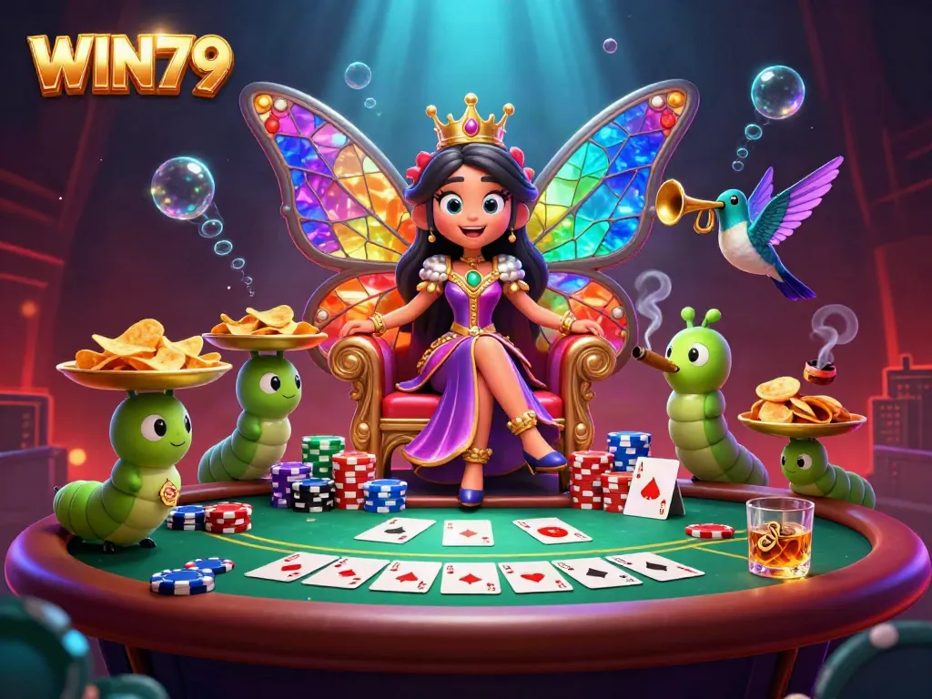 Engage with WIN79 through this vibrant casino scene, showcasing a butterfly queen amidst poker elements.
