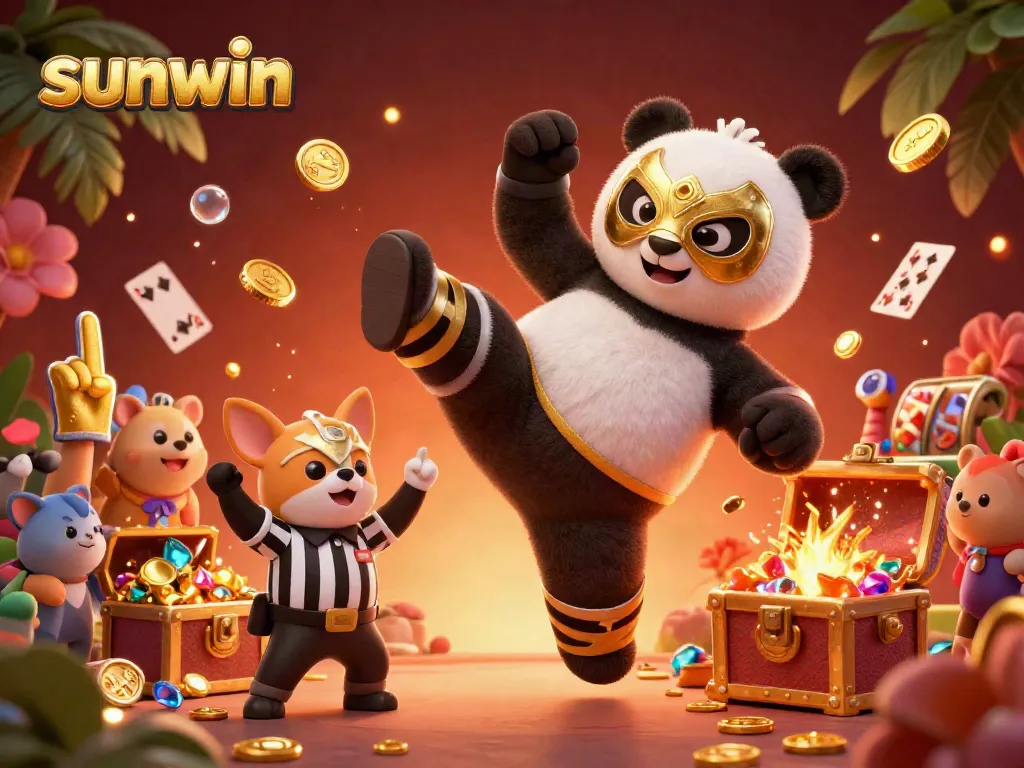 Experience the sunwin excitement with a panda wrestler in a colorful casino-themed scene.