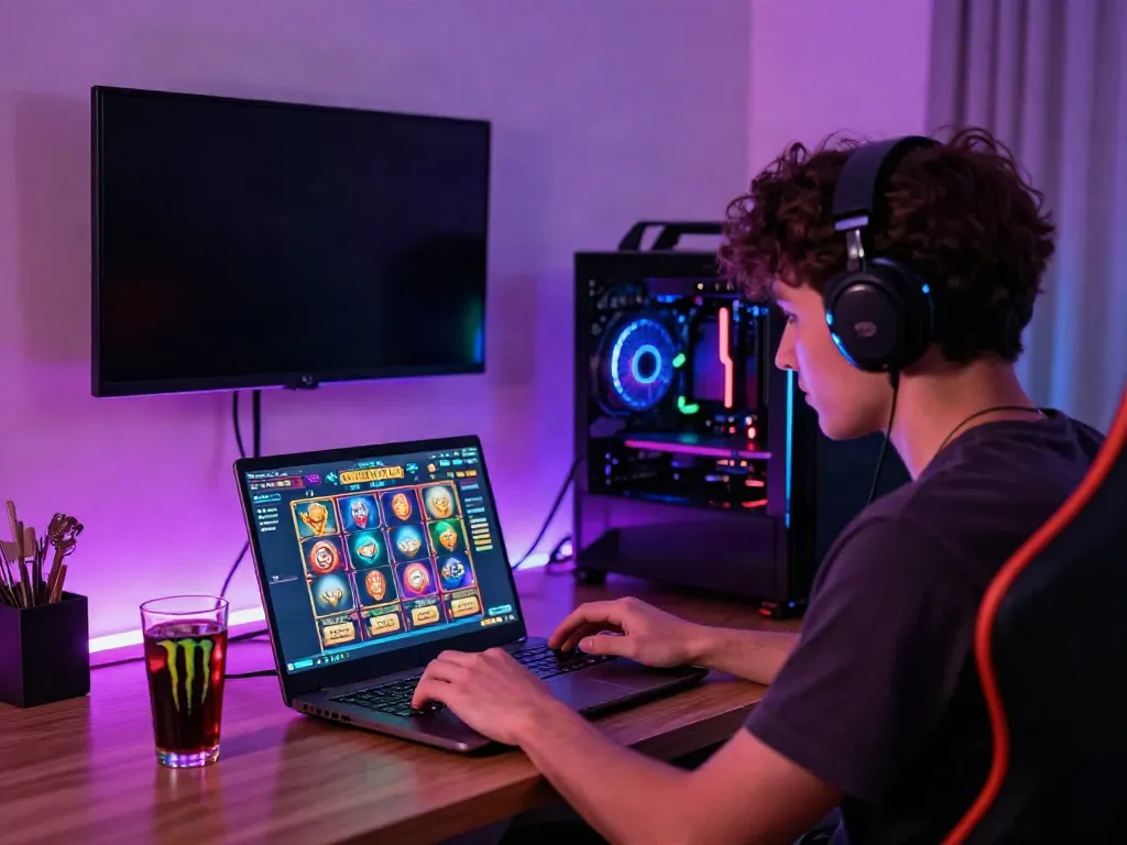 Player engaged with situs slot gacor game in a vibrant gaming setup.
