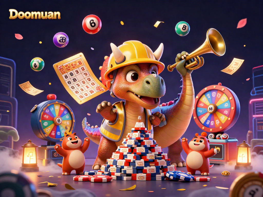 Doomuan's engaging 3D cartoon illustration showcasing a triceratops with poker chips and colorful lottery elements.