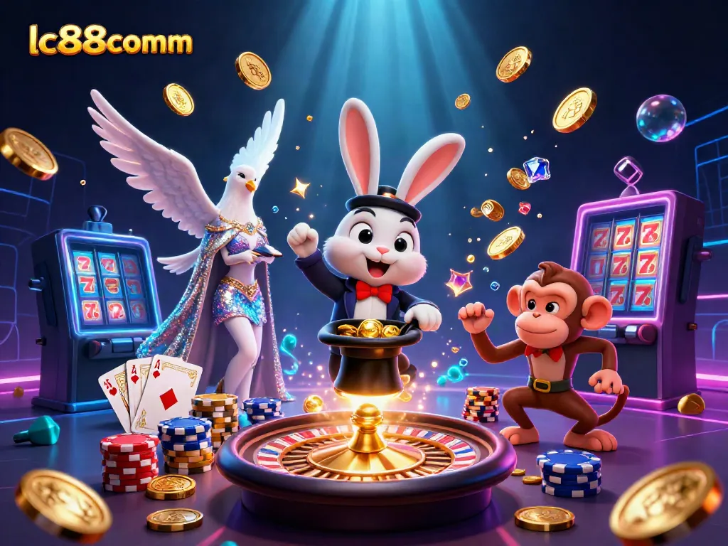 Experience casino magic with lc88comm's enchanting 3D scene of a rabbit, dove, and monkey amidst golden coins and poker chips.