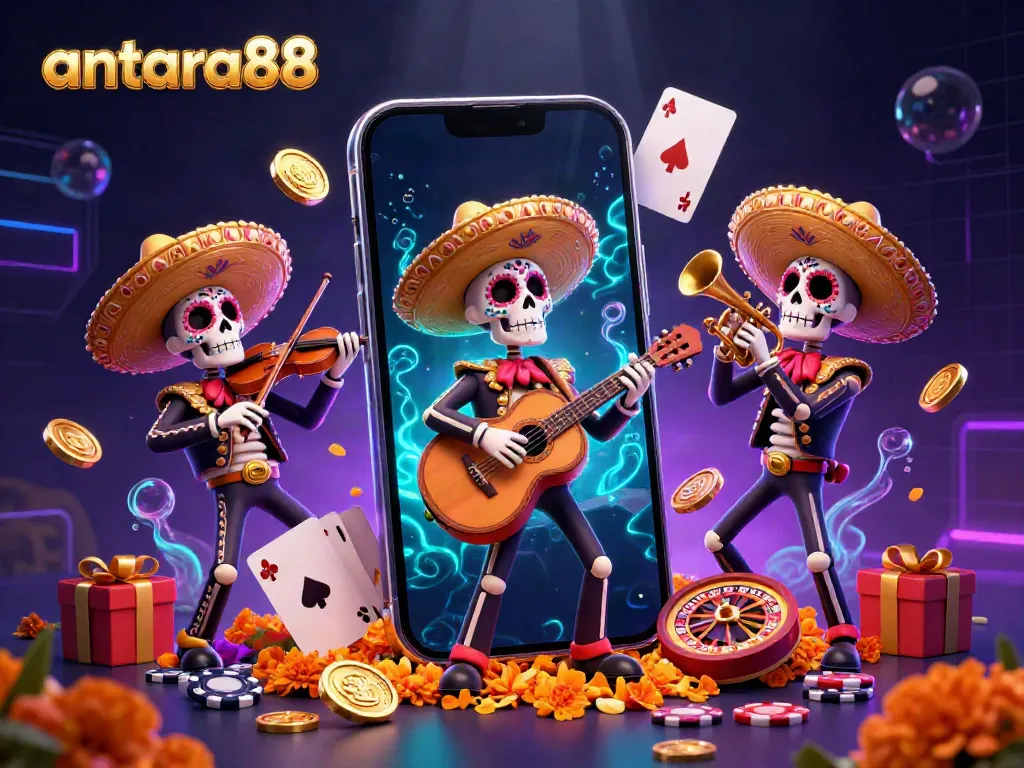 Experience the excitement of antara88 with a vibrant mariachi band surrounded by dynamic casino elements.