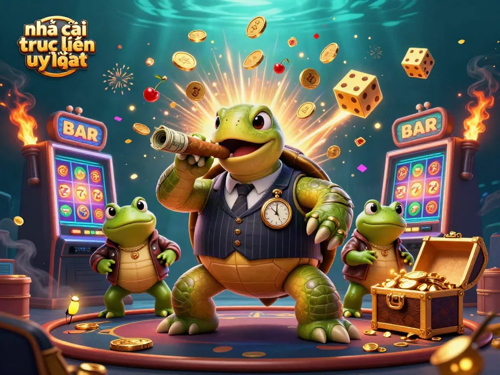 Experience the excitement with this ultra-detailed 3D scene of a nhà cái trực tuyến uy tín featuring a cartoon turtle in a mobster suit among casino elements.