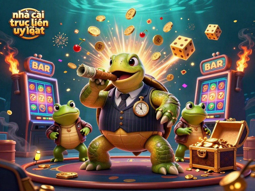 Experience the excitement with this ultra-detailed 3D scene of a nhà cái trực tuyến uy tín featuring a cartoon turtle in a mobster suit among casino elements.