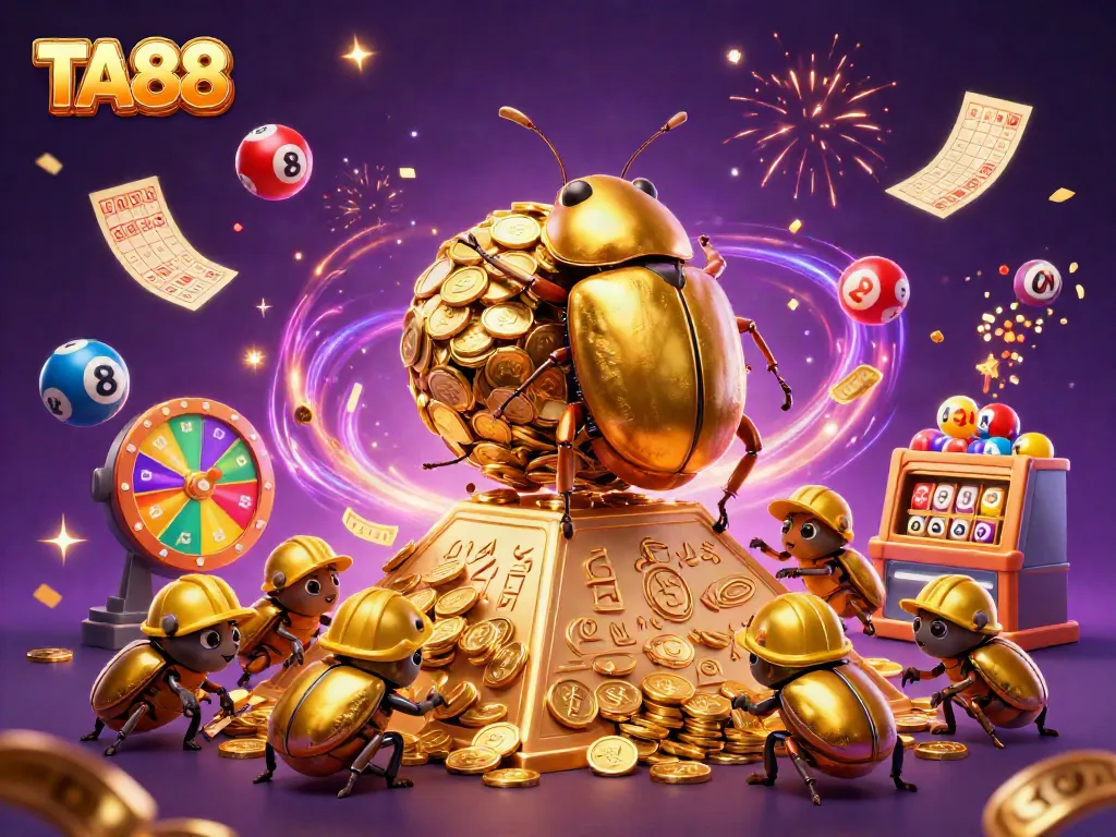 Experience the excitement of TA88 with a golden beetle and casino symbols in a festive gaming atmosphere.