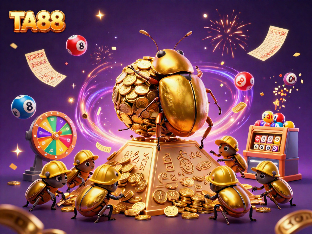 Experience the excitement of TA88 with a golden beetle and casino symbols in a festive gaming atmosphere.