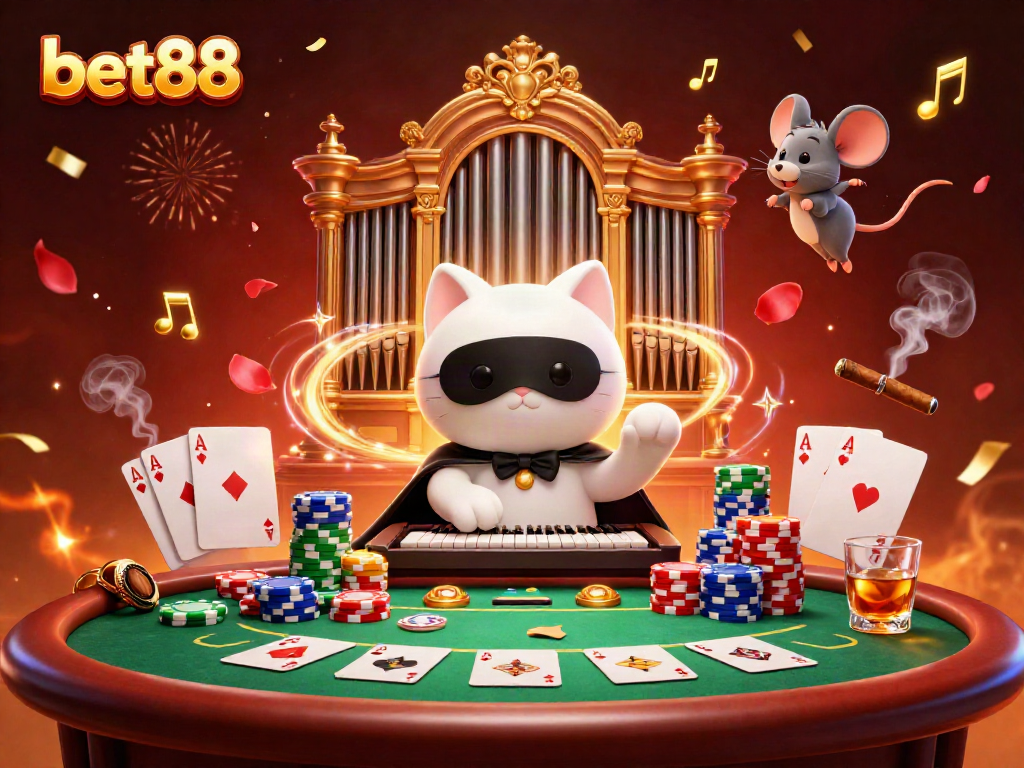 Experience the excitement of bet88 in a dynamic casino scene featuring a masked cat, poker elements, and festive effects.