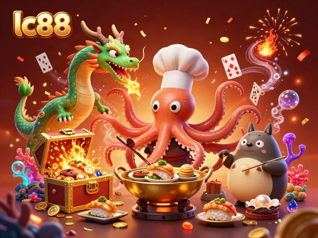 Experience the festive excitement of lc88 with a vibrant 3D illustration featuring gaming elements.