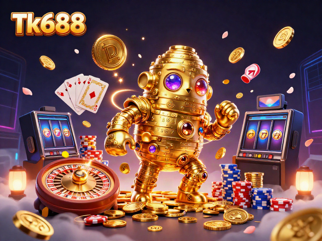 Experience thrilling gameplay at Tk688 with a dynamic scene of a golden golem surrounded by casino elements.