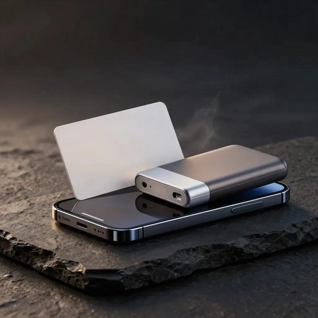 Smartfon, karta członkowska, etui i powerbank na ciemnym tle z chłodną poświatą.