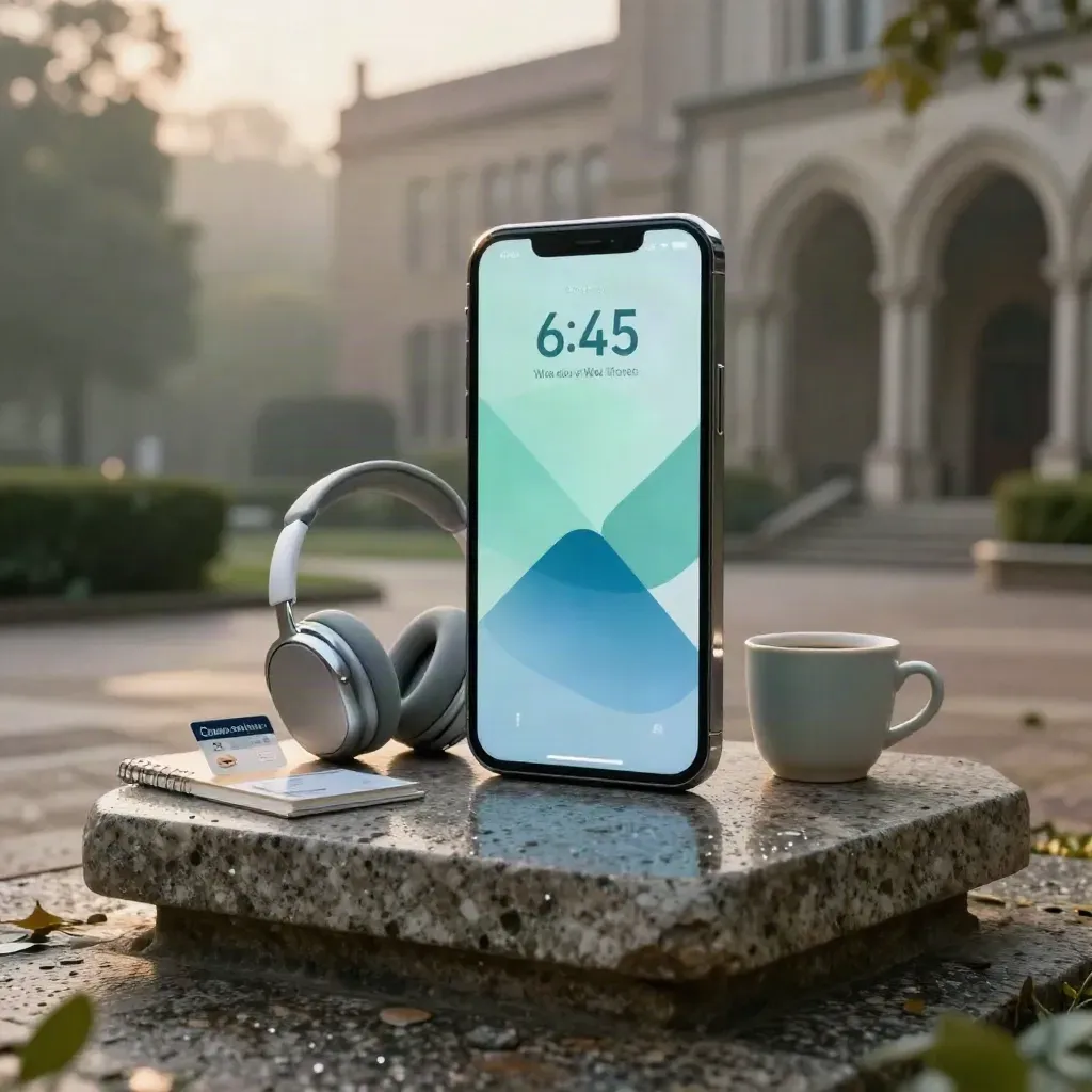 Smartfon, słuchawki, karta kampusowa, kubek kawy i notes na mokrym kamieniu o świcie.