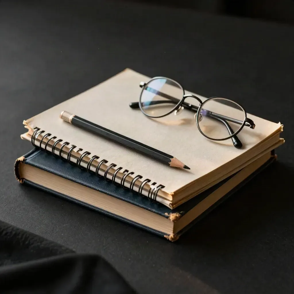 Zamknięte podręczniki, notes w płóciennej okładce, ołówek i okulary na czarnym tle.