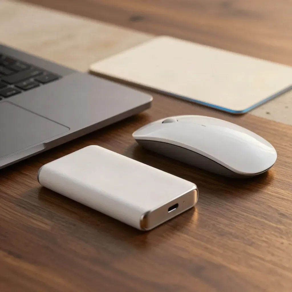 Zamknięty laptop, mysz i powerbank w makro ujęciu na ciepłym drewnie i kamieniu.