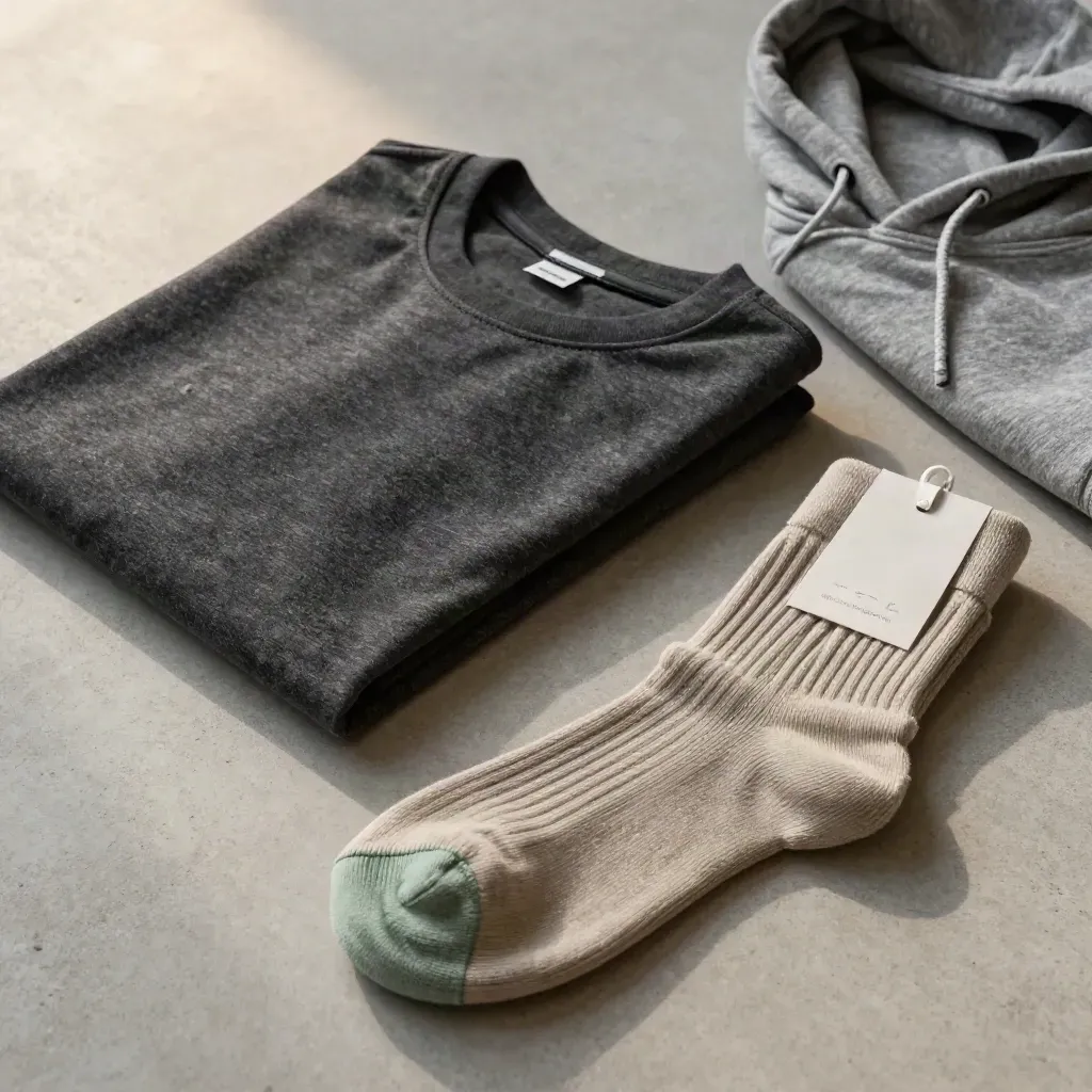 Zestaw ubrań studenckich: T-shirt, bluza, skarpety i metka na betonie.