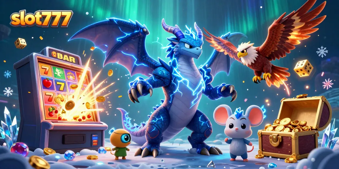 Slot777 menghadirkan jackpot menarik dengan ilustrasi mesin slot 3D berwarna-warni dan karakter fantastis.
