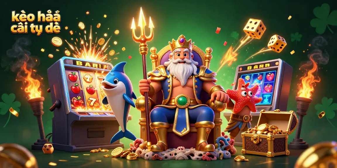 Experience kèo nhà cái trực tiếp with Neptune and samurai in a vibrant gaming fiesta filled with slot machines and treasures.
