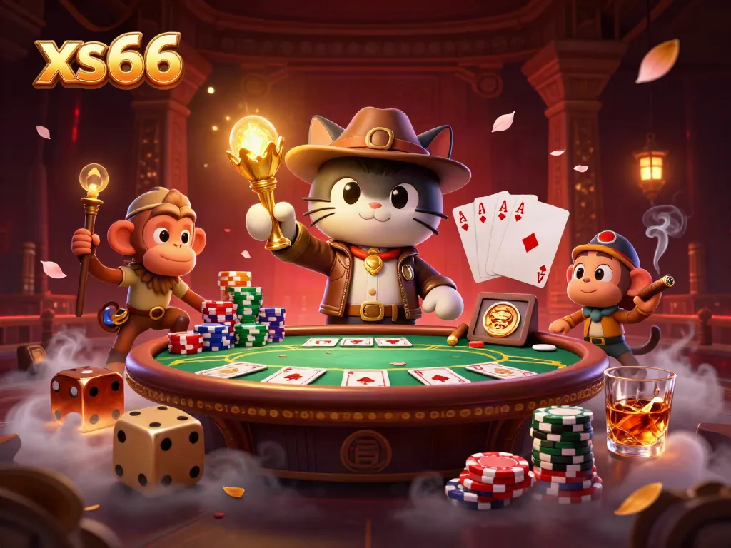 Engage in exciting gaming adventures with xs66 as a cartoon explorer finds treasure in a casino.