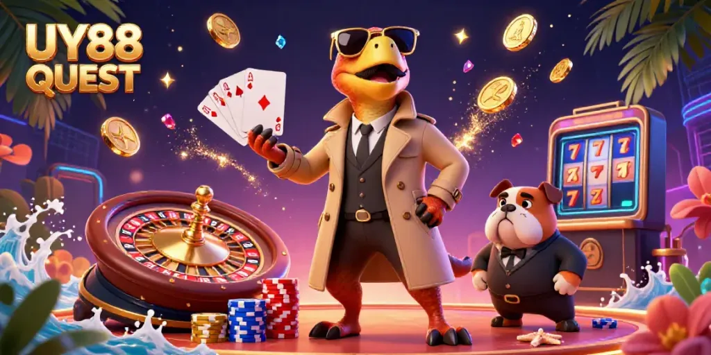 Join the fun at UY88 QUEST as cartoon raptors cleverly infiltrate a VIP casino lounge filled with riches.