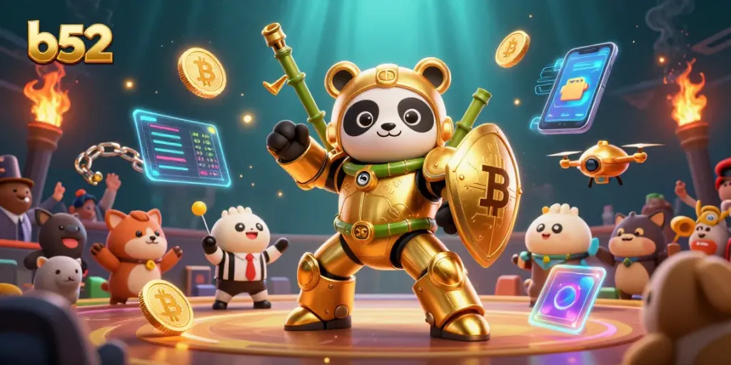 Experience thrilling b52 gaming moments with a dynamic 3D illustration featuring a golden panda robot.