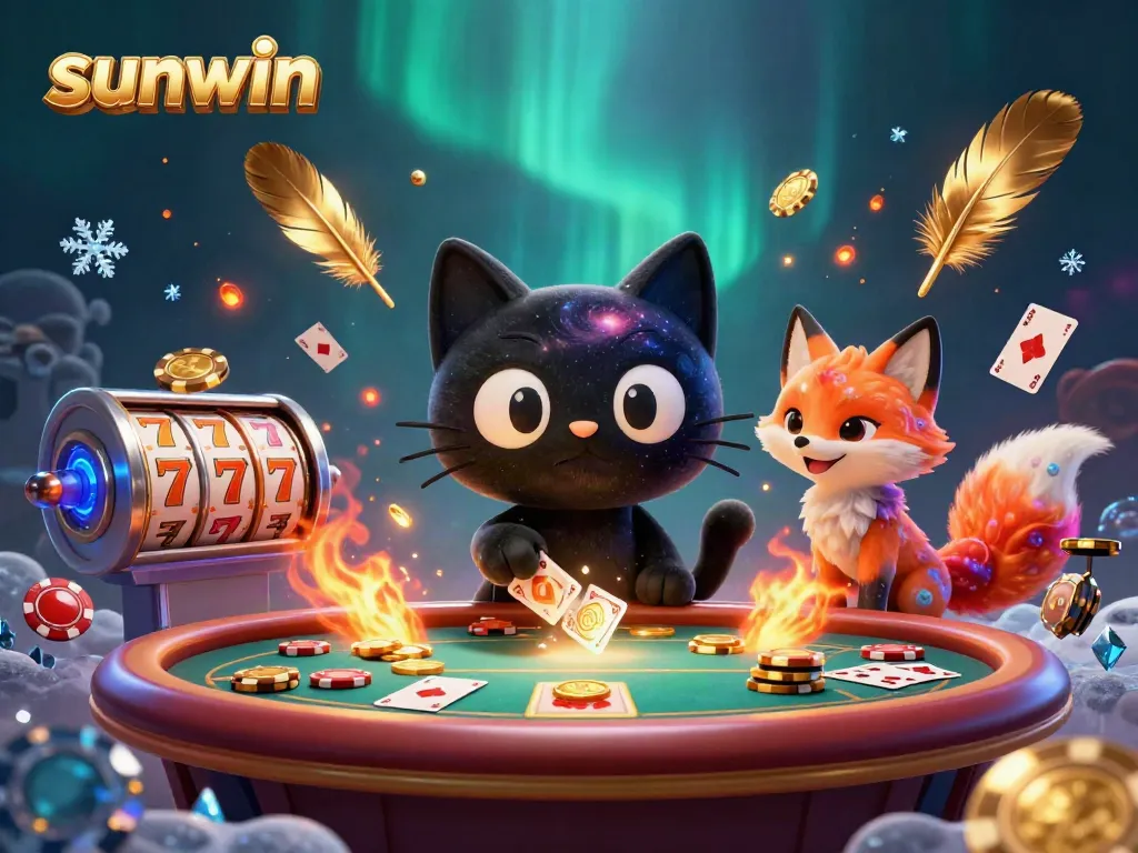 Engage with sunwin at a cosmic casino where a black hole cat gathers golden chips and cards.