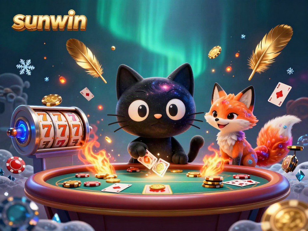 Engage with sunwin at a cosmic casino where a black hole cat gathers golden chips and cards.