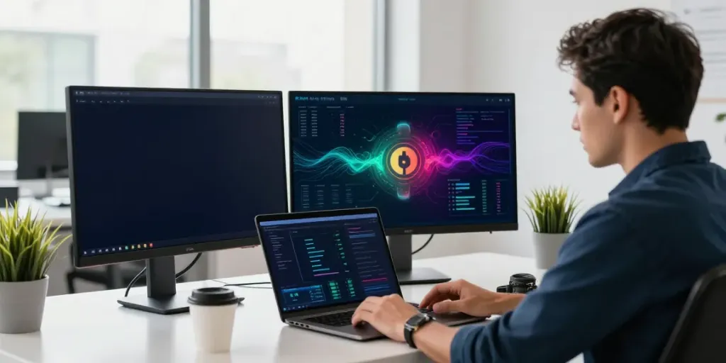 Kinetiq crypto analysis in a modern workspace with digital asset charts and a professional.