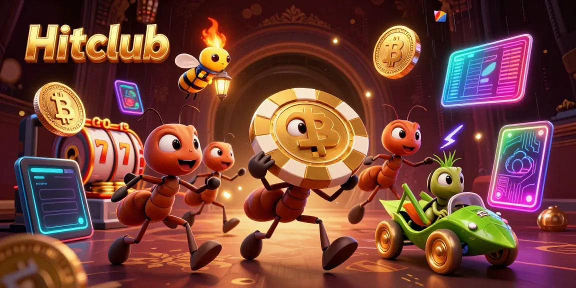Hitclub gaming heist scene with animated ants and crypto elements in dynamic motion.
