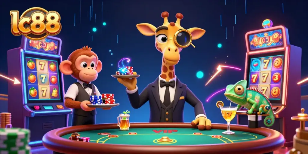 Experience excitement with lc88's high-roller giraffe and monkey valet at a VIP casino.