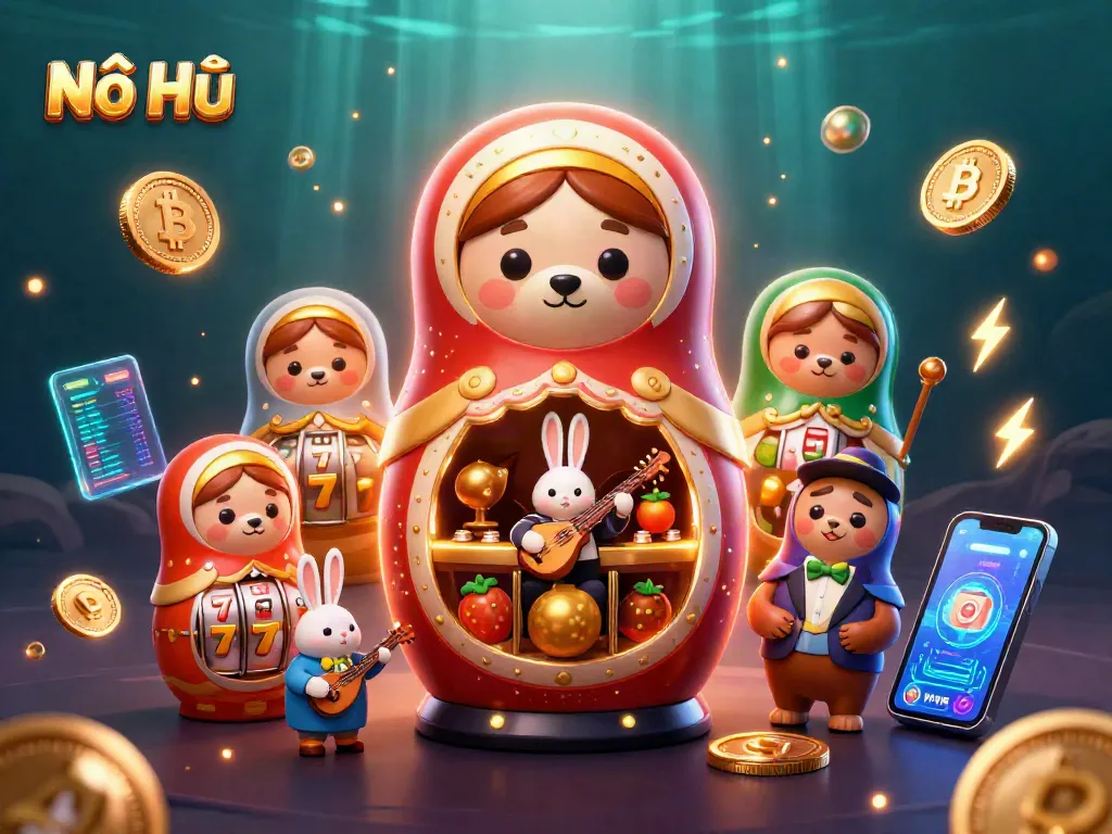 Engaging scene showcasing Nổ Hũ with charming bear dealers in a lively casino atmosphere, vibrant slot elements.